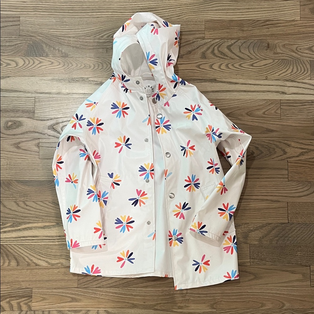 Kids White Floral Print Hooded Rain Jacket